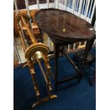 Oak twist occasional table, towel rail and a mahogany tray