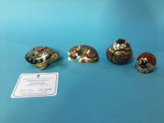 Four Royal Crown Derby paperweights with gold stoppers