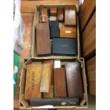 Two boxes containing Chemists scales, weights, auriscope etc.