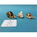 Three Royal Crown Derby paperweights, rabbit and snail with gold stoppers, turtle with silver