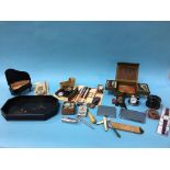 Tin of assorted including; cigarette tins, various pens and an Oriental lacquered tray