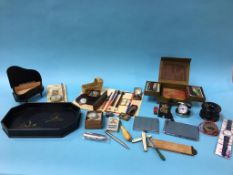 Tin of assorted including; cigarette tins, various pens and an Oriental lacquered tray