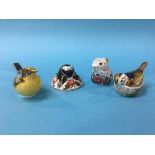 Four Royal Crown Derby paperweights, three with gold stoppers, 'Yellow wagtail', with silver