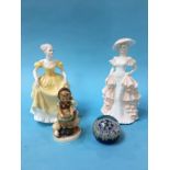 Two Coalport figures, a paperweight and a Hummel figure