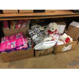 Five boxes of as new novelties, cushions, throws etc.