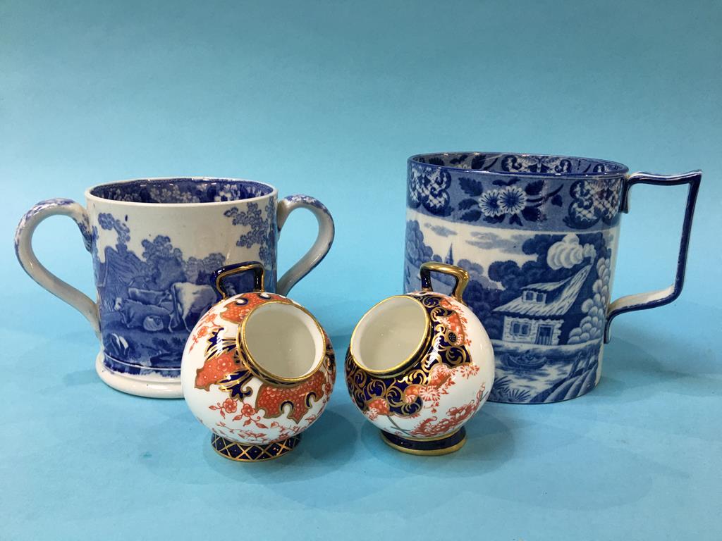 Pair of Royal Crown Derby salts, a Loving cup and a transfer print tankard