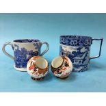 Pair of Royal Crown Derby salts, a Loving cup and a transfer print tankard