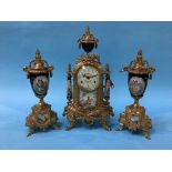 A reproduction gilt metal mantle clock and garniture