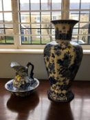 Blue and white bowl, jug and a vase