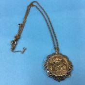 Full sovereign, 1893, in 9ct mount and necklace, 15g