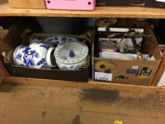 Shelf of assorted, including blue and white china
