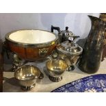 Plated tea set, water jug and a bowl