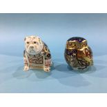 Two Royal Crown Derby paperweights, owl with gold stopper