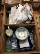 Two boxes of assorted including Maling, linen etc.