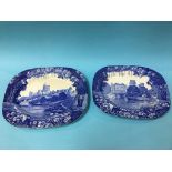 Two blue and white meat plates