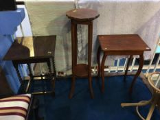 Two oak occasional tables and a plant stand