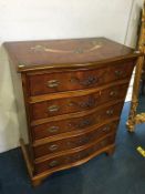 Reproduction yew serpentine chest of five drawers, 77cm wide x 48cm deep x 94cm high