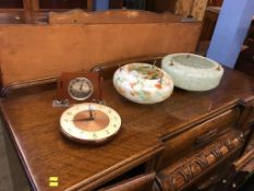 Two glass ceiling lights and two Deco clocks