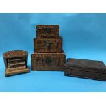 Three graduated carved boxes, a carved jewellery box and a cigarette box