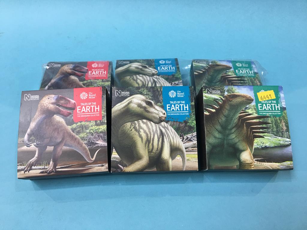 Six boxed Dinosauria collection silver proof coins