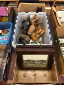 Three boxes of assorted including a collection of elephants, vintage framed black and white