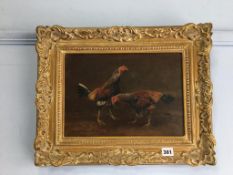 Harry Hime, oil on board, two fighting cocks, Tallantyre Gallery Label verso