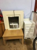 Electric fire, coffee table and bedside drawers