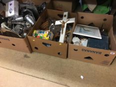 Four boxes of assorted, including Hermle bracket clock etc.