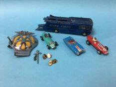 Corgi Ecurie Ecosse transporter and three cars and an AA badge