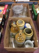 Two boxes of pressed glass, stone ware etc.