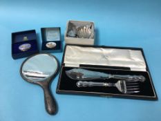 Silver butter dish and knife, two boxed enamels etc.