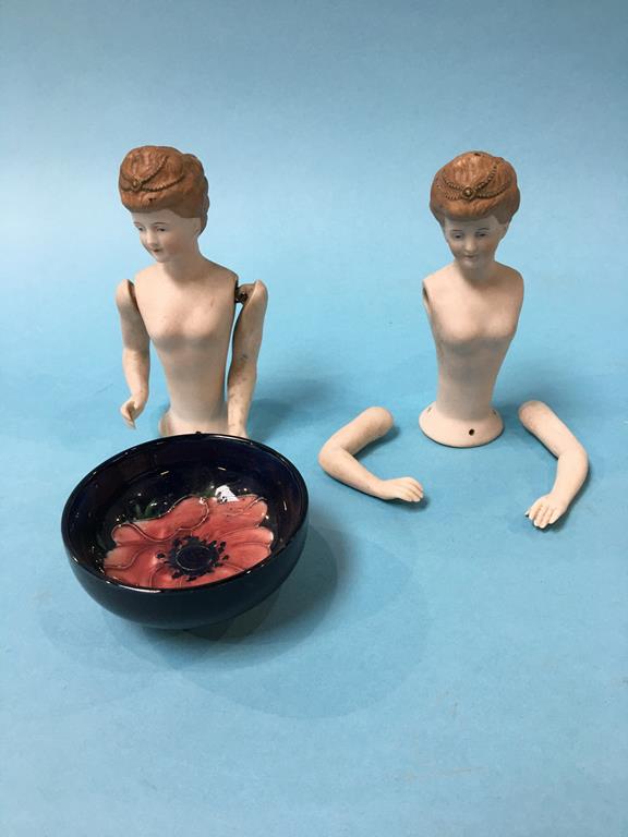 Two Bisque half dolls and a small Moorcroft bowl