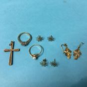 A 9ct ring and earrings and various other yellow metal jewellery