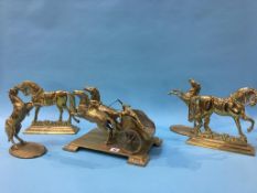 A pair of brass horse door stops, a chariot and two brass rearing horses