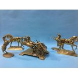 A pair of brass horse door stops, a chariot and two brass rearing horses