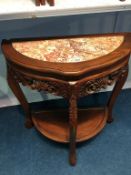 Oriental hardwood half moon table, with inset marble top, 70cm wide