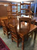 Pine kitchen table and six chairs, 183cm length, 107cm wide