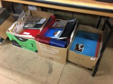 Three boxes containing world stamps in albums and folders, packets of stamps, 1st Day covers and
