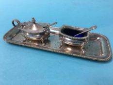 Silver tray together with a salt and a mustard pot, 7oz