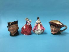 Two Royal Doulton character jugs and two figures (4)