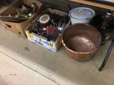 Two boxes of assorted brassware, copper planter etc.