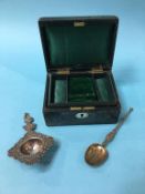 Leather jewellery box, silver gilt spoon and Continental strainer