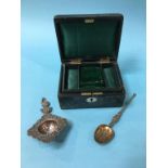 Leather jewellery box, silver gilt spoon and Continental strainer