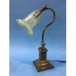 A late 19th century brass angle poise table lamp with Pearline shade, 43cm height