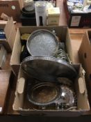 Two boxes of assorted including silver plate, Courvoisier etc.