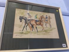 D.C. Kirtley, watercolour, signed, dated 1968, 'Jockeys Preparing to Race', 25 x 37cm