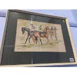 D.C. Kirtley, watercolour, signed, dated 1968, 'Jockeys Preparing to Race', 25 x 37cm