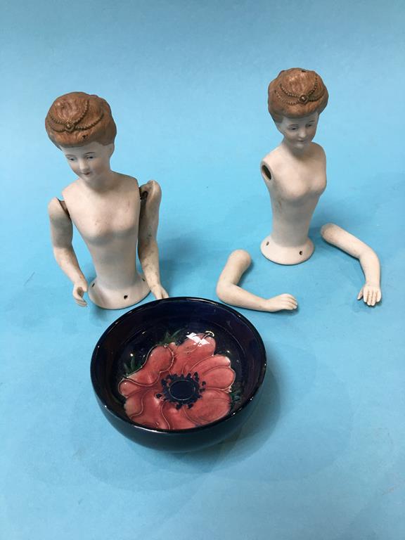 Two Bisque half dolls and a small Moorcroft bowl - Image 2 of 3