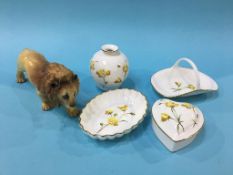 Four pieces of Spode 'Summer Meadow' and a Coalport lion (5)