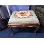 A walnut cabriole leg stool, with needlework drop in seat, 64 x 50cm